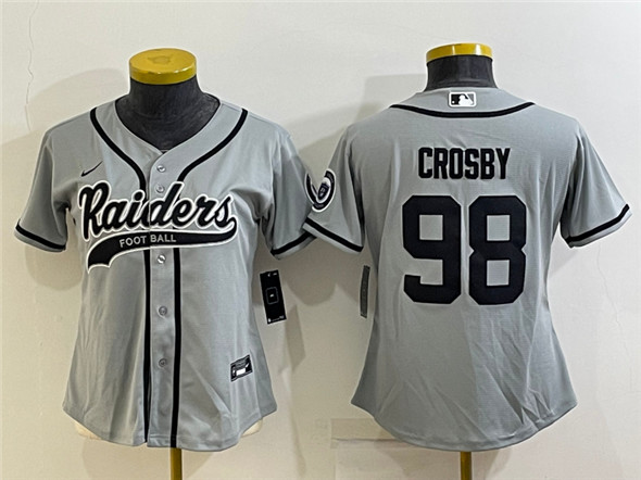 Women's Oakland Raiders #98 Maxx Crosby Grey With Patch Cool Base Stitched Baseball Jersey(Run Small)